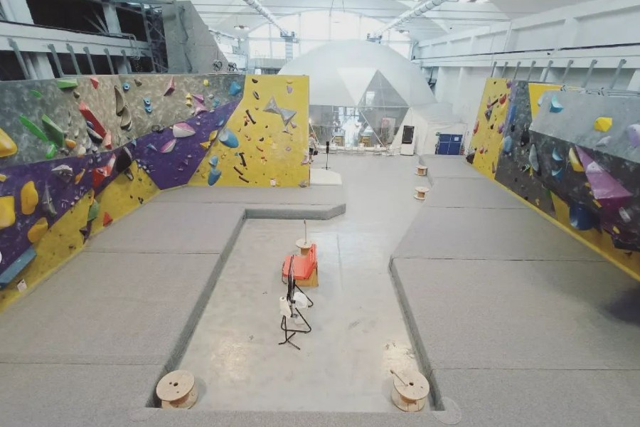 The bouldering section of Manga Climbing gym as seen from above