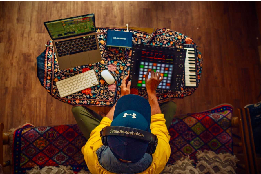 A musician with his electronic instruments