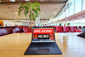 computer stating Breaking News at the gate in CDG airport