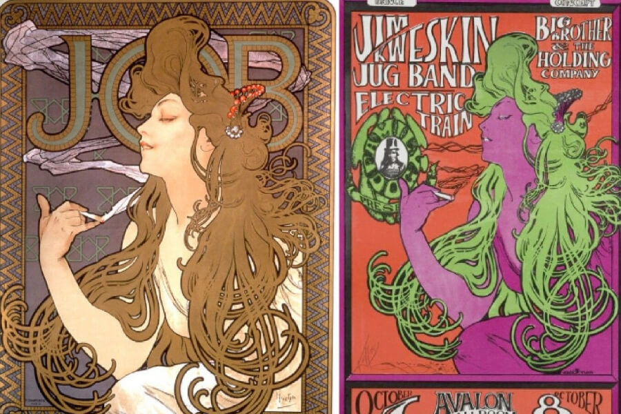 Left: Job By Alphonse Mucha 1896, Right: Big Brother and the Holding Company Poster by Stanley Mouse and Alton Kelley (1966) Graphic courtesy of czechcenter.org