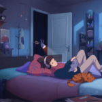 Lofi Girl reading on a bed with her cat.