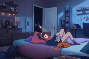 Lofi Girl reading on a bed with her cat.