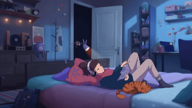 Lofi Girl reading on a bed with her cat.