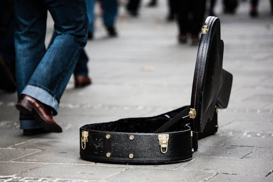 An open guitar case on the street