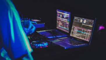 Two laptops creating music