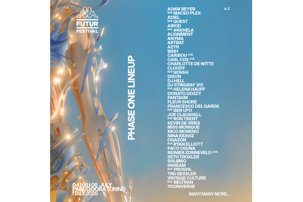 List of the Phase 1 lineup drop for Fappa Futur Festival, with a metallic, liquid figure on the left side of the image.