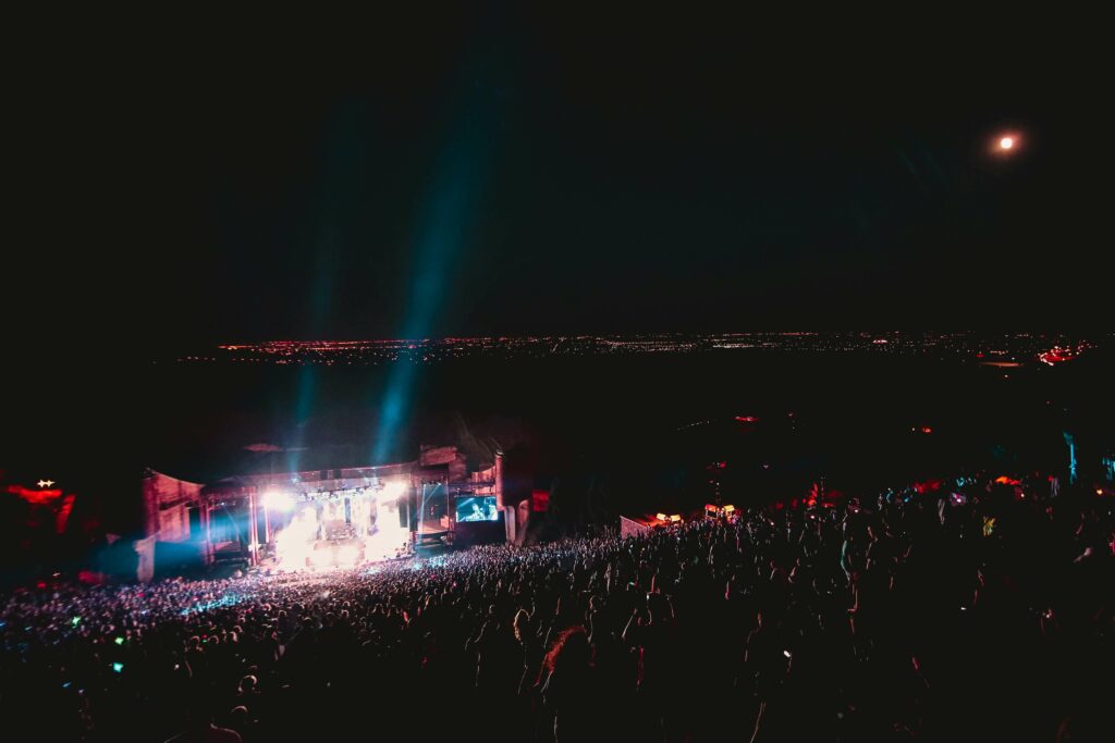 View of Red Rocks Amphitheater in Colorado at night.