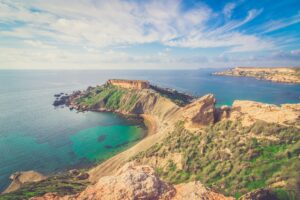 Coastline view of Malta with blue water