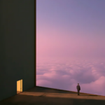 Personal on ledge overlooking a purple sky