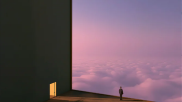 Personal on ledge overlooking a purple sky