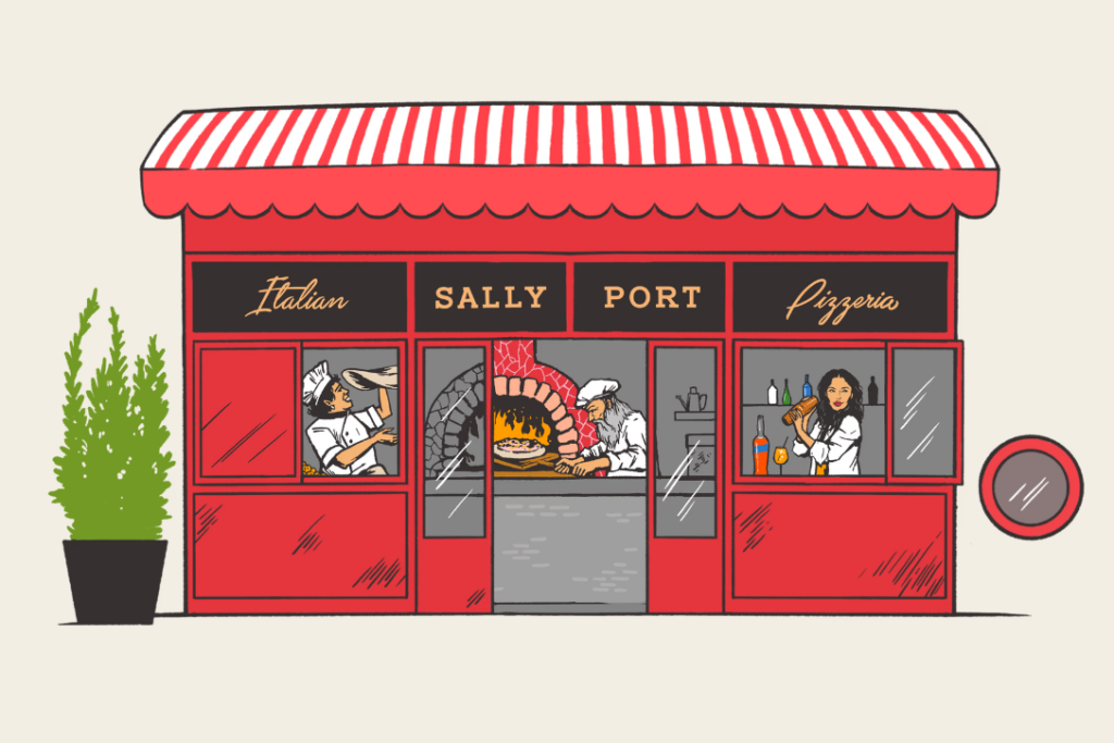 Sally Port logo of a red pizzeria