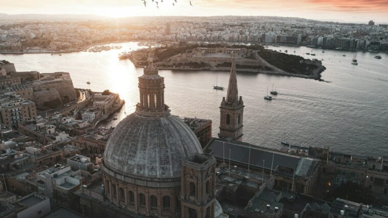 Overhead view of Valletta and Sliema Gzira during sunset