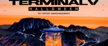 Terminal V Halloween poster with futurist tower in front of an orange sky.