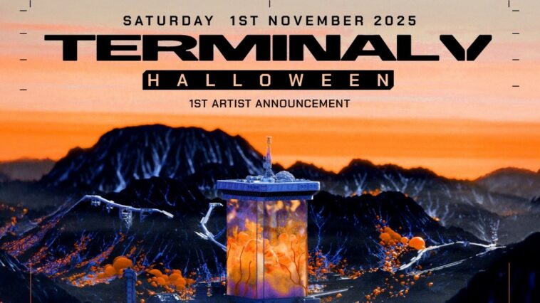 Terminal V Halloween poster with futurist tower in front of an orange sky.