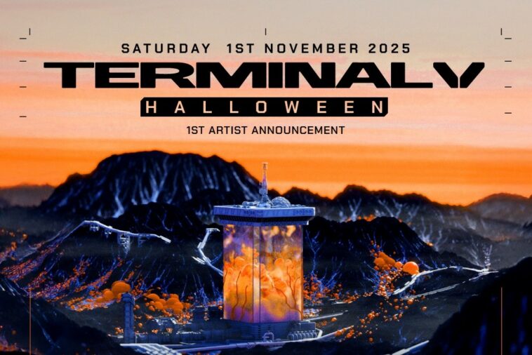 Terminal V Halloween poster with futurist tower in front of an orange sky.