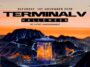 Terminal V Halloween poster with futurist tower in front of an orange sky.