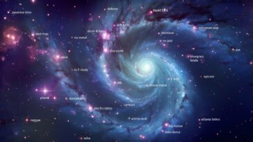 Music genres spinning around a galaxy