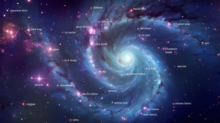 Music genres spinning around a galaxy