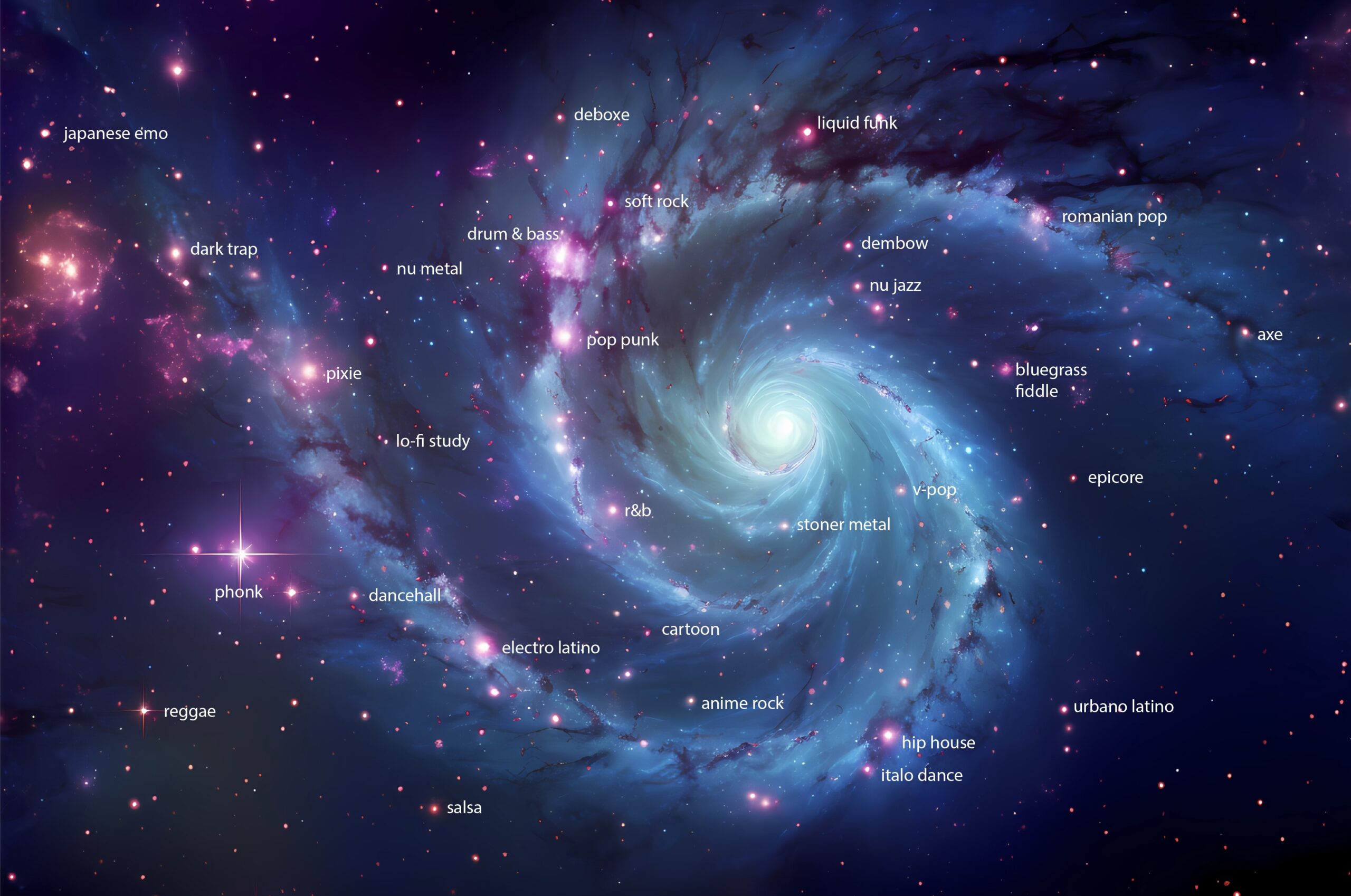 Music genres spinning around a galaxy