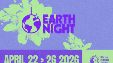 Earth Night Promotion 2026 with purple and green background.